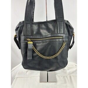 B Makowsky Shoulder Bag Tote Black Leather Brass Chain Hardware Pockets